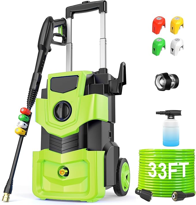 Adjustable Electric Pressure Washer 5000PSI with 33FT Flexible Extension Hose + 34FT Power Cord, 4 Nozzles, Foam Cannon, Best Power Washer for Cars, Patios, Driveways, Green