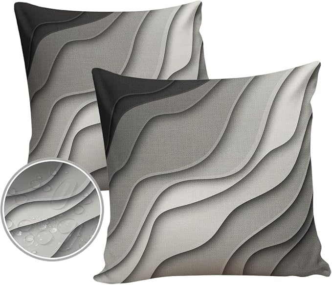 Funy Decor Waterproof Outdoor Throw Pillow Cover Gray Modern Geometric Lumbar Pillowcases Set of 2 Abstract Beach Decorative Patio Furniture Pillows for Couch Garden 24 x 24 Inches