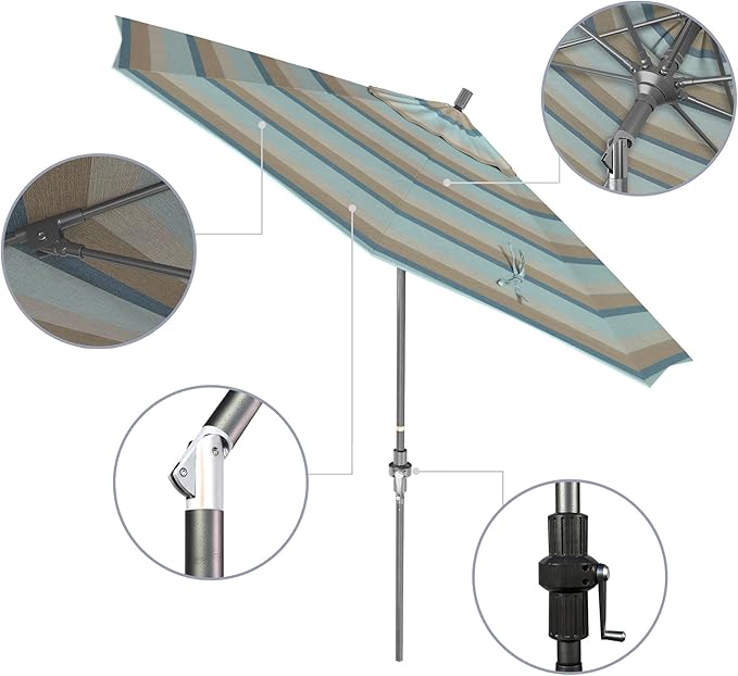 California Umbrella 9' Rd. Crank Lift, Collar Tilt, Aluminum Pole, Fiberglass Rib Patio Umbrella, Hammertone Grey Finish, Sunbrella Gateway Mist
