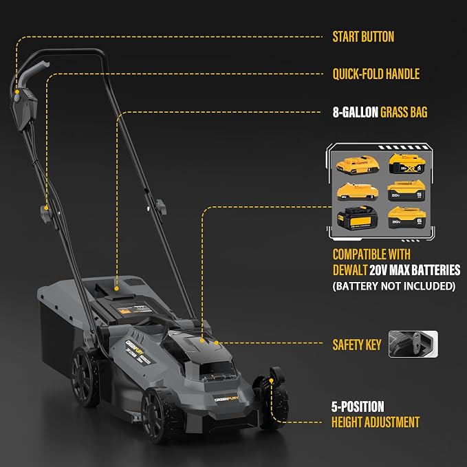 13-Inch Cordless Lawn Mower Compatible with Dewalt 20V MAX Battery, Brushless Electric Mower with 5-Position Height Adjustment & 8 Gal Bag for Small Yards (Tool Only)