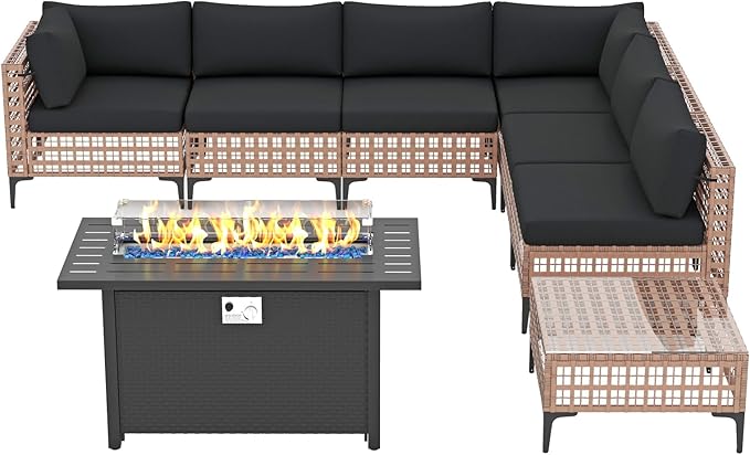 Patiorama 8 Piece Wicker Patio Furniture Set with 45” Fire Pit Table,Natural-Colored PE Rattan Outdoor Sectional Sofa, 50000 BTU Propane Fire Pit w/Wind Guard,Cover,Water Resistant Cushion-Black