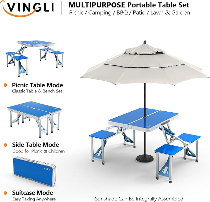 VINGLI 4Ft Portable Folding Picnic Table Camping Table Foldable Set with 4 Seats with Umbrella Hole Suitcase Card Table-220 Lbs Support Aluminum Frame, Plastic RV Tabletop for Yard, Travel-Green