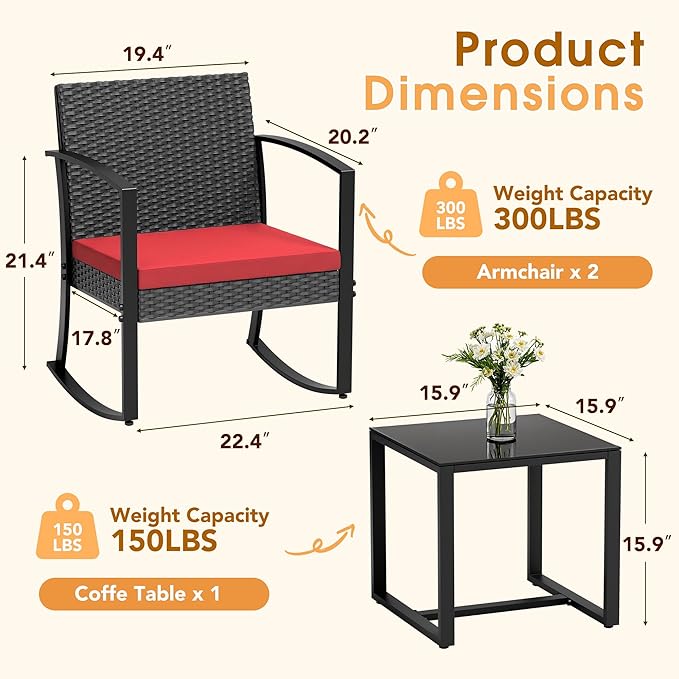 Greesum 3 Piece Patio Furniture Set, All-Weather Imitation Rattan Conversation Set, Outdoor Rocking Chair Bistro Set with Glass Top Coffee Table for Pool, Deck, Porch, Garden or Balcony, Red