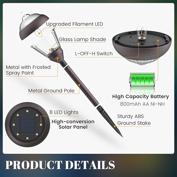 SOLPEX Solar Pathway Lights Outdoor Waterproof Solar Powered Pathway Lights - Glass & Metal Bronze Design with 2 Lighting Modes for Garden, Yard, Walkway, Driveway, Patio (2 Pack, Warm White)