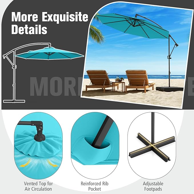 Tangkula 10 FT Patio Offset Umbrella, Hanging Cantilever Umbrella w/X-shaped Base & 360° Rotation, Smooth Crank Handle, Vented Top, Outdoor Market Umbrella for Backyard, Deck (Turquoise)