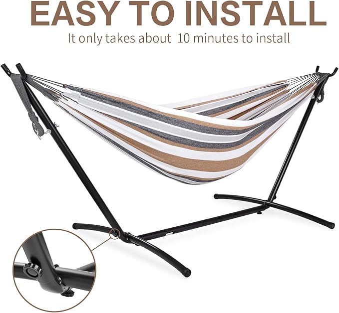 PNAEUT Double Hammocks with Stand for Outside, Portable Space Saving Heavy-Duty Steel Frame for Indoor Outdoor Patio Yard, Easy Assembly, 2 Person 450 lbs Capacity (Coffee)