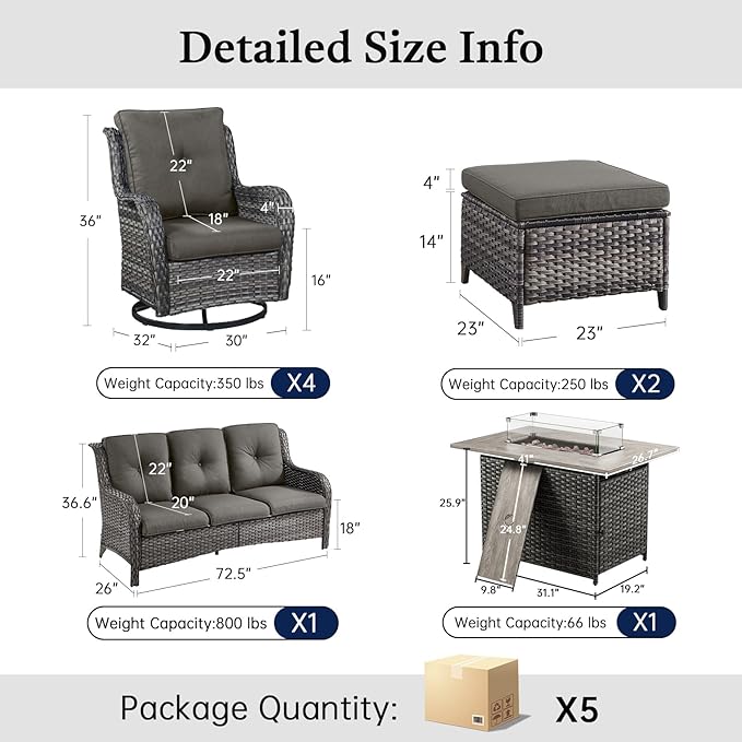 8 Piece Patio Furniture Set with 41" Fire Pit Table - Patio Conversation Set with 4 Inch Thick Cushions and Deep Seating Swivel Glider Chairs Set of 4 & Outdoor Couch for Porch Deck Yard Pool