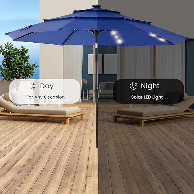 DUMOS LED Outdoor Patio Umbrella 10 FT UV-Resistant Market Umbrella with Tilt Adjustment & Crank Lift, All-Weather Shade for Backyard, Deck, Garden, Beach