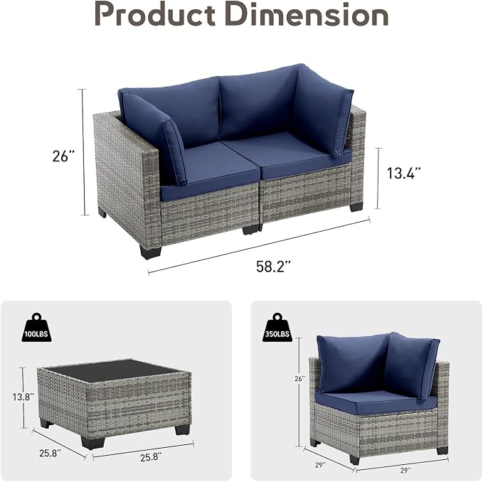 Bonzy Home 3 Pieces Outdoor Patio Furniture Set, PE Rattan Outdoor Sectional Furniture Sofa Set with Removable Cover and Glass Coffee Table, Patio Sofa for Balcony, Porch, Garden, (Grey-Navy Blue)