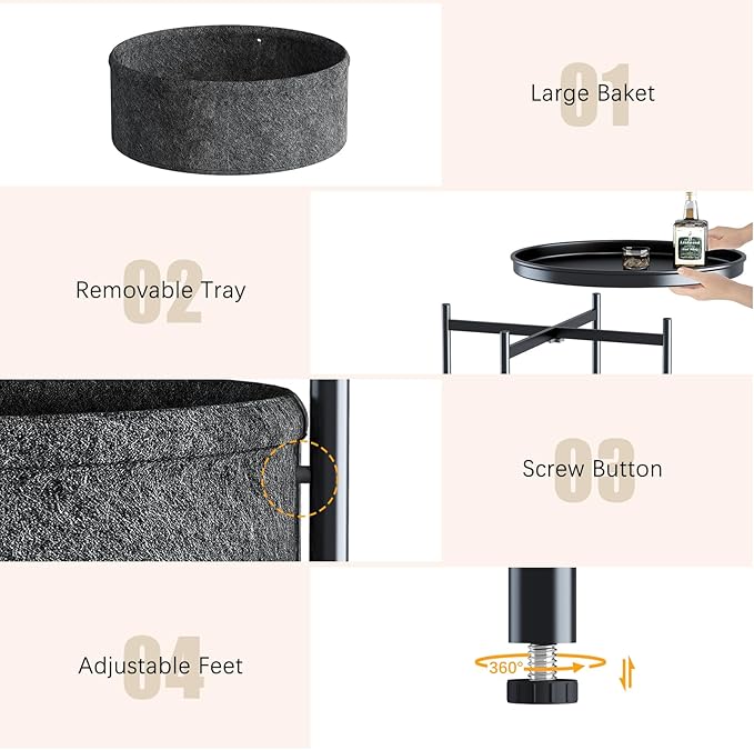 Garden 4 you Side Table with Fabric Storage Basket, Round Metal End Table, Small Bedside Table Nightstand with Removable Tray, for Nursery, Living Room, Bedroom, Bathroom, Black