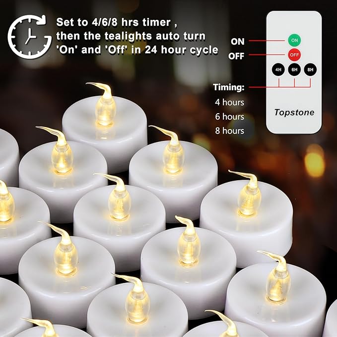 Topstone Flameless LED Candles with Remote Control - Warm White Flickering Battery Operated Candles, 400+ Hours,Timer Function, 4H/6H/8H Auto-Off,Electronic Tea Lights for Home Decor, Wedding, Party