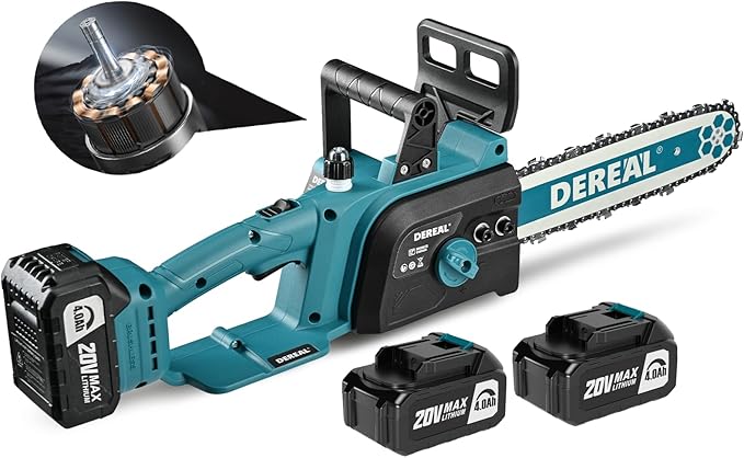 12 Inch Brushless Electric Chainsaw Cordless, 20V 2 Batteries Chain Saw 4000mAh Operated 1100w Upgraded Portable Compact Chainsaw Handheld for Wood Cutting, Blue