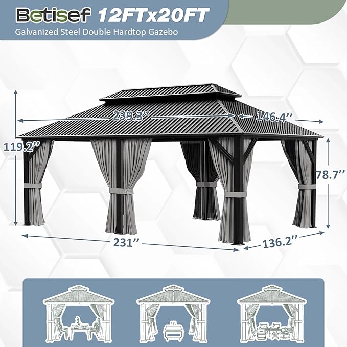 12'x20' Permanent Hardtop Gazebo Outdoor Grill Gazebo Aluminum Galvanized Steel Double Roof Outdoor Pergola Include Curtain and Netting for Backyard, Patio, Lawn