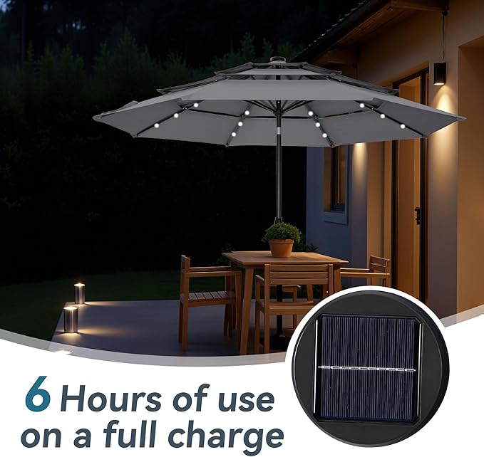 GREEN PARTY 10ft Patio Umbrella with Solar Lights, Auto-Tilt Lighted Market Table Umbrellas with Crank, 8 Sturdy Ribs & 1.5" Pole outdoor umbrellas for Patio Garden Deck Backyard Pool, Grey