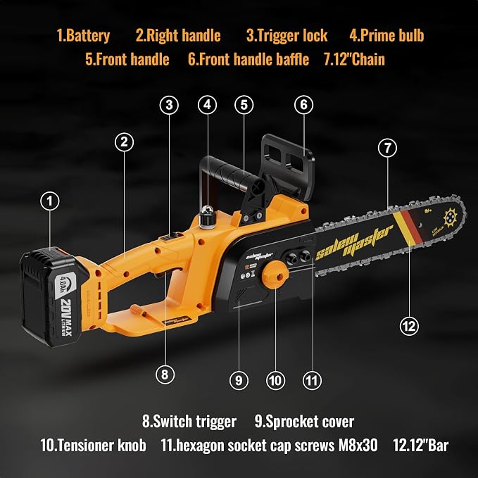 12" Electric Chainsaw Cordless, 20V Battery Powered Cordless Chain Saw, Chainsaw with 4.0Ah Lithium ion Battery and Charger