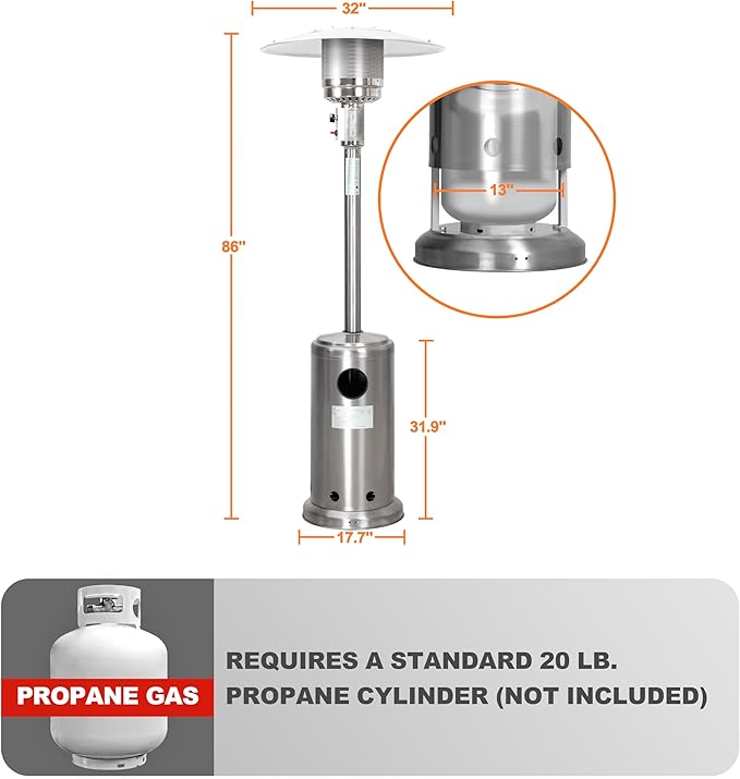 Nuu Garden Outdoor 46,000 BTU Stainless Steel Propane Gas Patio Heater with Wheels, Removable Stainless Iron Heater for Patio, Backyard, Garden, Porch, Silver