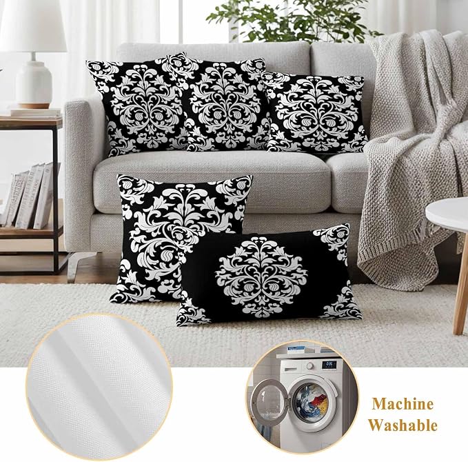Outdoor Pillow Covers Set of 2, Aesthetic Boho Black White Floral Decorative Throw Pillow Covers 20X12IN, Abstract Minimalist Art Throw Pillows Protector Cushion Case for Patio,Couch,Sofa,Garden