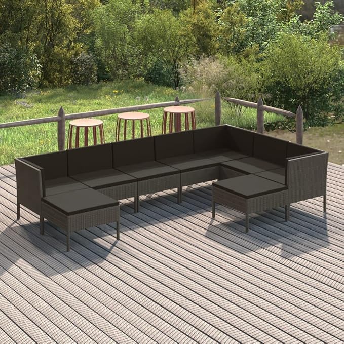 9 Piece Patio Lounge Set with Cushions,Patio Sofa,Outdoor Daybed,Outdoor Furniture Sets,Patio Seating,Patio Conversation Sets,Modern Set,Patio Furniture Set,Front Porch Furniture, Poly Rattan Gray