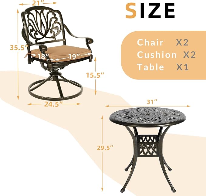 3-Piece Outdoor Patio Dining Set, All-Weather Cast Aluminum Patio Furniture Set for Backyard Garden Deck with 2 Swivel Cushioned Chairs and 31” Round Table, 2" Umbrella Hole, Khaki