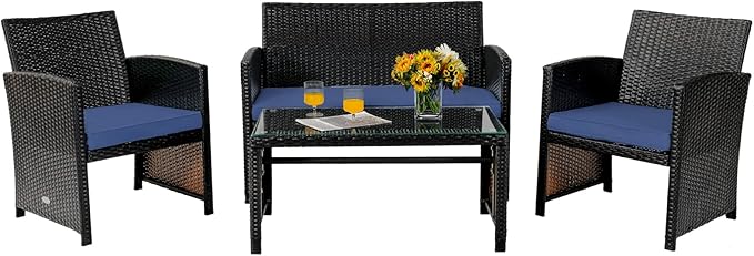 COSTWAY 4 Piece Patio Furniture Set, Outdoor PE Rattan Wicker Sectional Sofa with Cushion and Coffee Table, Patio Conversation Sets for Balcony Lawn Porch Patio Backyard Garden Poolside, Navy