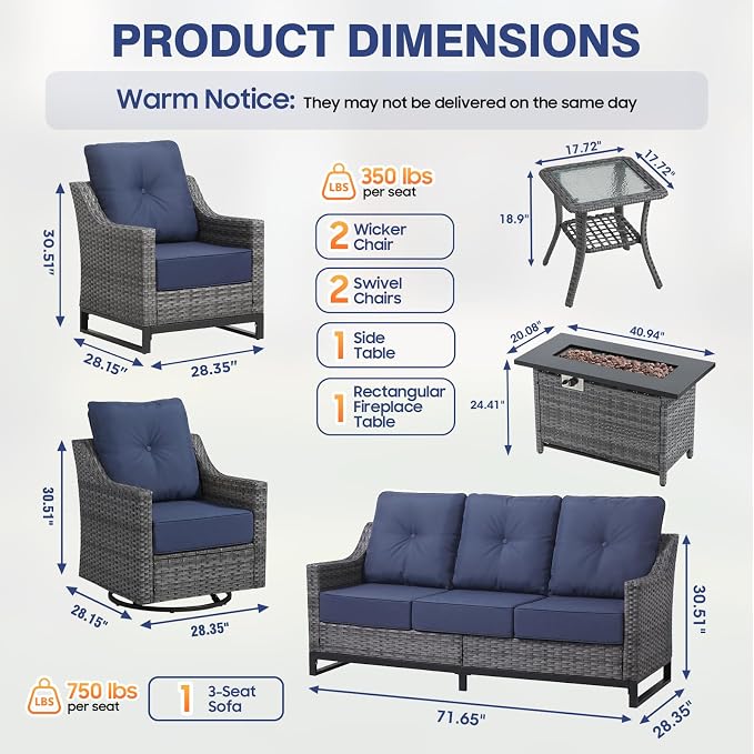 7 Piece Patio Furniture Set With Fire Pit ,360°Swivel Patio Chairs Set of 2,Cozy 60,000 BTU Rectangle Fire Pit Table ,2 Wicker Chairs,Sofa,Outdoor Side Table,All-Weather Wicker Patio Set For Outdoor