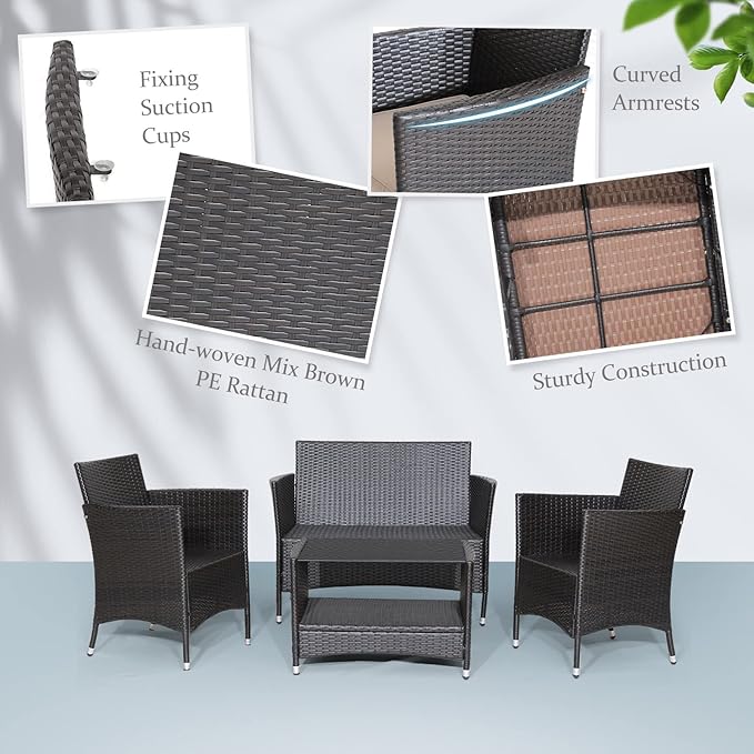 Tangkula 8 Pieces Patio Furniture Set, Patiojoy Outdoor PE Wicker Conversation Set with Soft Cushions and Tempered Glass Tabletop, Outdoor Garden Furniture Set with 2-Tier Coffee Table (2, Brown)