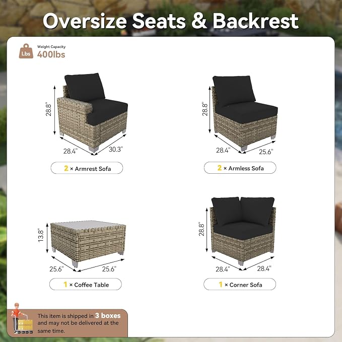 LET'S PATIO Luxury Patio Furniture Set, 6 Piece Outdoor Furniture Set, All-Weather Patio Sectional Sofas with Thickened Cushions, Black