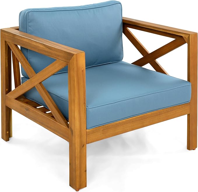 Christopher Knight Home Lucy Acacia Wood Outdoor Patio Furniture Set, 3 Pieces Patio Set, Round Side Table and ArmChairs Conversation Set with Cushion for Garden Lawn Balcony, Blue + Light Teak