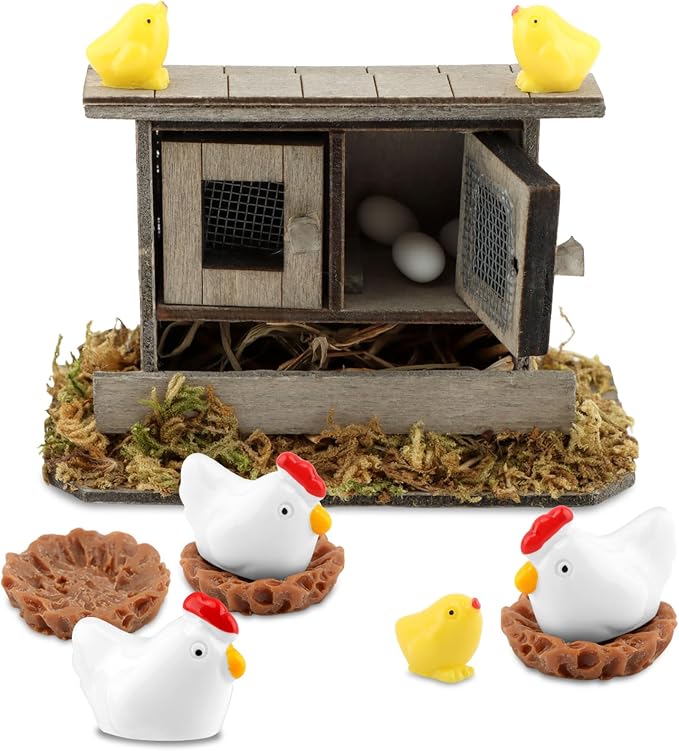 Fairy Garden Mini Chicken Coop Decor, 26-Piece Farm Scene Set | Includes 1 wood coop 3 hens 3 chicks 3 eggs 3 nests, doors open and close, store pieces together to avoid loss