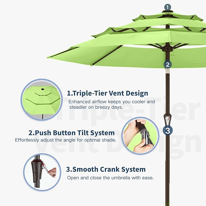 10FT Patio Umbrella 3 Tiers Outdoor Market Umbrella w/Push Button Tilt, Crank, UV and Waterproof Table Umbrella for Garden, Pool, Backyard, Deck, Lawn, Apple Green