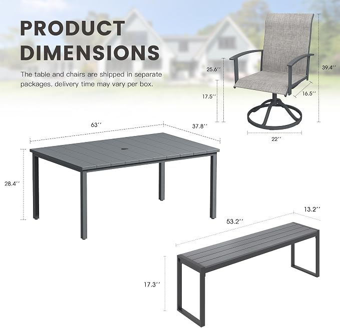 6 Pieces Patio Dining Set with Outdoor Bench, 63" Rectangular Patio Dining Table and Swivel Chairs for 6-7 People, Outdoor Furniture Set for Garden Deck, Grey & Dark Grey