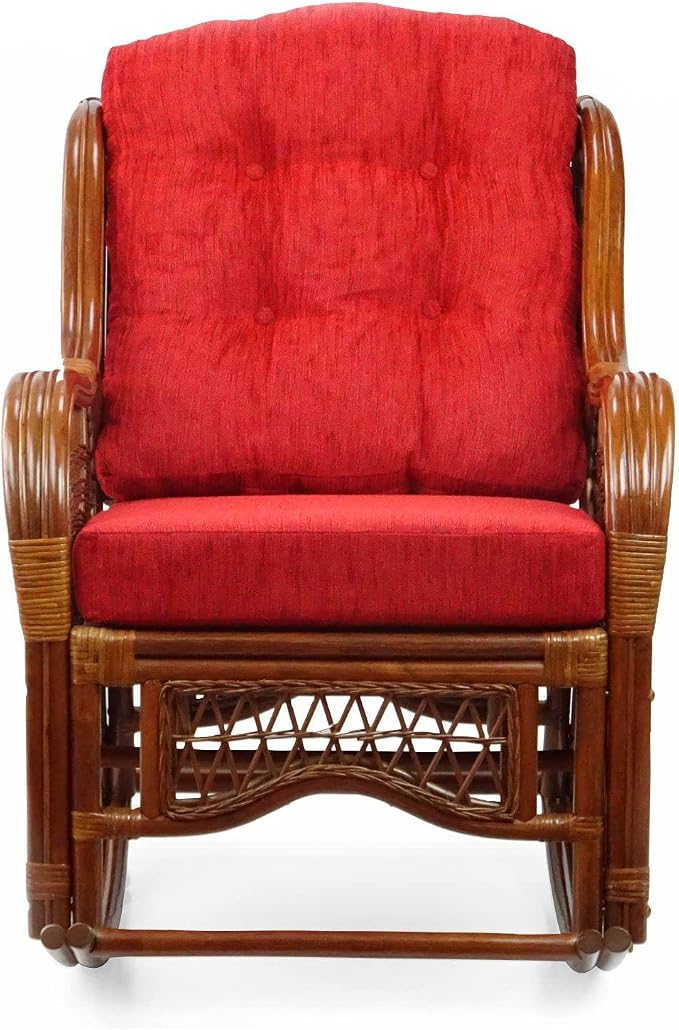 Malibu Handmade Natural Rattan Living Room Set of 2 Rocking Lounge Chairs and Round Coffee Table with Glass, Colonial Color, Red Cushions
