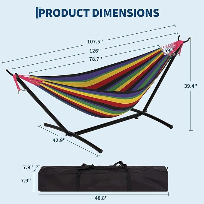Heavy Duty 2-Person Hammock with Stand - 450lb Capacity, Adjustable Frame & Carrying Bag, Portable for Indoor Outdoor Beach Camping Patio