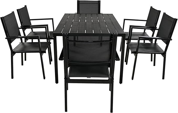 Outdoor 7 Piece Dining Table and Chair Set, Steel Outdoor Table with 6 Chairs for 6 Persons, Patio Dining Table Set with Chairs, Patio Conversation Set for Garden Patio Balcony Backyard, Black