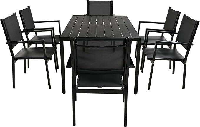 U-Style Steel Outdoor Table and Chair Set, 7 Piece Patio Dining Set for 6, Rectangular Balcony Table and Chairs, Suitable for Patio, Courtyard, Garden (Black)