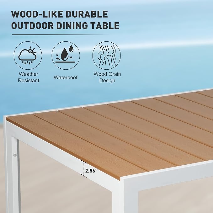 Outdoor Dining Table for 8 Person, 71" Aluminum Patio Dining Table with 1.6" - 2" Adjustable Umbrella Hole, Slat Rectangle Table with Wood Like Table Top for Backyard Garden