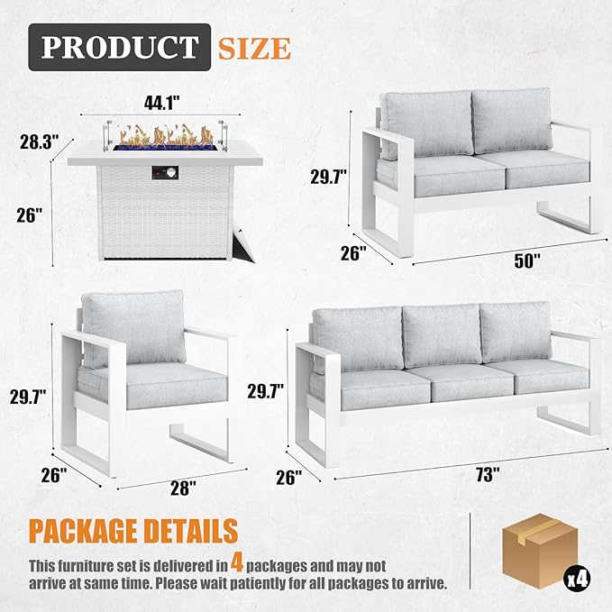 Outdoor Aluminum Furniture Set with Fire Pit Table - 5 Pieces Modern Patio Conversation Sets Metal Sectional Sofa Set