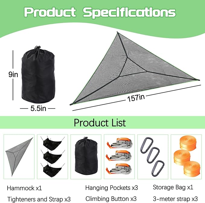 LIGHTLY Triangle Hammock Camping Hammock for Outside Portable Outdoor Travel Multi Person Tree Hammock with 3 Ratchet Tie Down Straps & Net Pocket Max 1000 lbs for 2-6 Adult Kid, Black