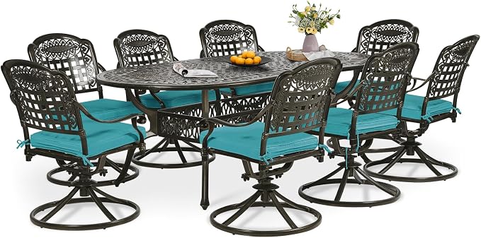 9-Piece Patio Dining Set, Outdoor Patio Table and Chair Set of 84” Oval Cast Aluminum Dining Table with Umbrella Hole, 8 Patio Dining Swivel Chairs Padded, Patio Funiture Set, Blue
