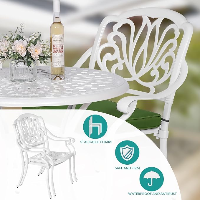 MEETWARM 3 Piece Patio Bistro Set, Outdoor All-Weather Cast Aluminum Dining Furniture Set Includes 2 Chairs and a 31” Round Table with Umbrella Hole for Garden Deck, White