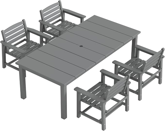 Kingdura 5 Piece Patio Dining Set for 4, 75.2'' HDPE Outdoor Dining Table Set with 2" Umbrella Hole, Weather-Resistant Outdoor Furniture, Table and Chairs Set for Backyard Pool Garden, Grey
