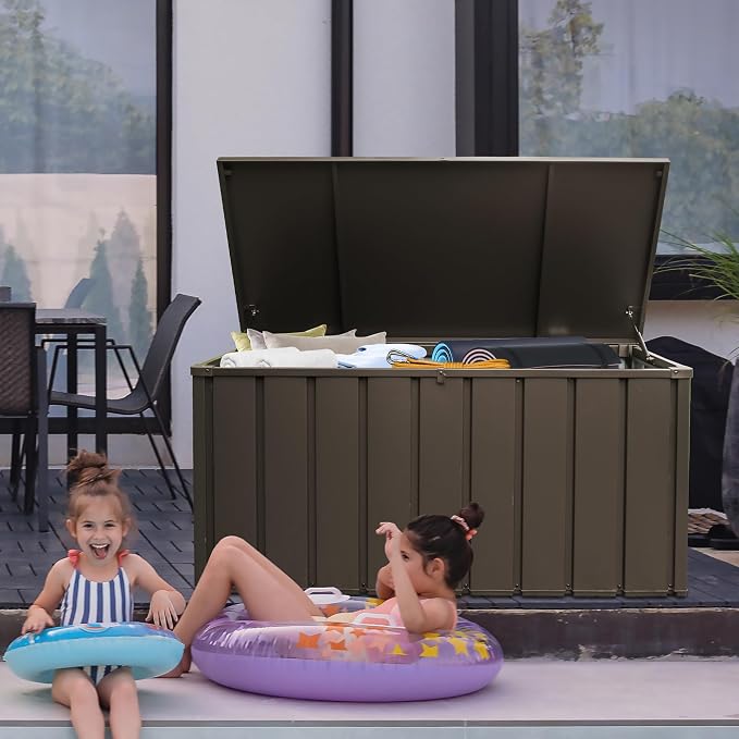 Domi 160 Gallon Deck Box Outdoor Storage Box, Large Metal Storage Cabinet Waterproof Lockable Container for Patio Furniture Cushions Garden Tools Pool-Supplies, Brown