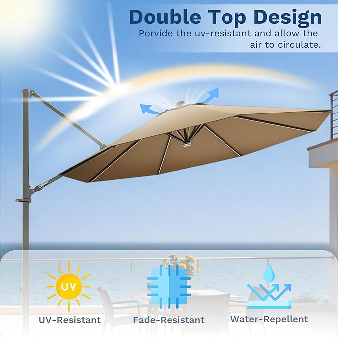 Devoko 10ft Solar LED Patio Umbrella, Round Cantilever Outdoor Umbrella with Solar Lights and 360-Degree Rotation, Large Hanging Offset Market Umbrella with Easy Tilt for Patio Deck Garden,Brown