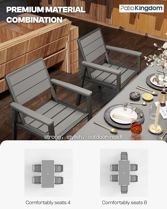 Outdoor Dining Set for 6 with 15FT Umbrella, Aluminum & HDPE Outdoor Table and Chairs, Weather-Resistant All-Season Backyard, Deck & Patio Dining Furniture with 2" Umbrella Hole (Grey)