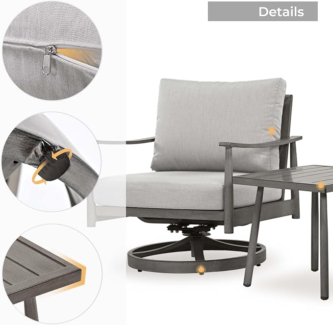 HAPPATIO Patio Conversation Set 3 Pieces, Patio Aluminum Conversation Furniture Set, 2 Swivel Chairs with Backrest Rope Design and 1 Side Table for Garden, Pool, and Lawn (Grey)