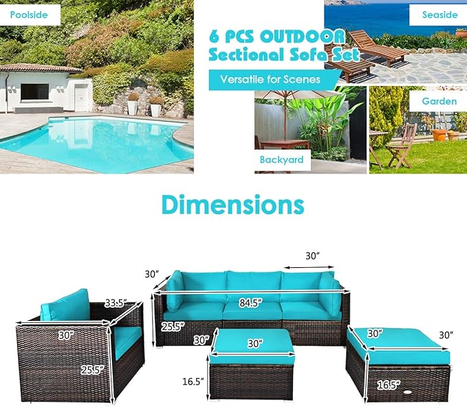 HAPPYGRILL 6 Pieces Patio Conversation Set Outdoor Furniture Set Rattan Wicker Sectional Sofa Set with Soft Cushions Coffee Table Ottoman for Backyard Garden Poolside