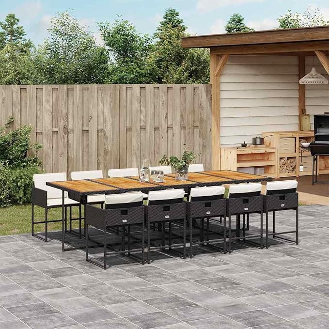 11 Piece Patio Dining Set with Cushions Black Poly Rattan Outdoor Furniture Table and 10 Chairs for Garden Backyard Deck Entertaining UV-Proof Foldable Space-Saving