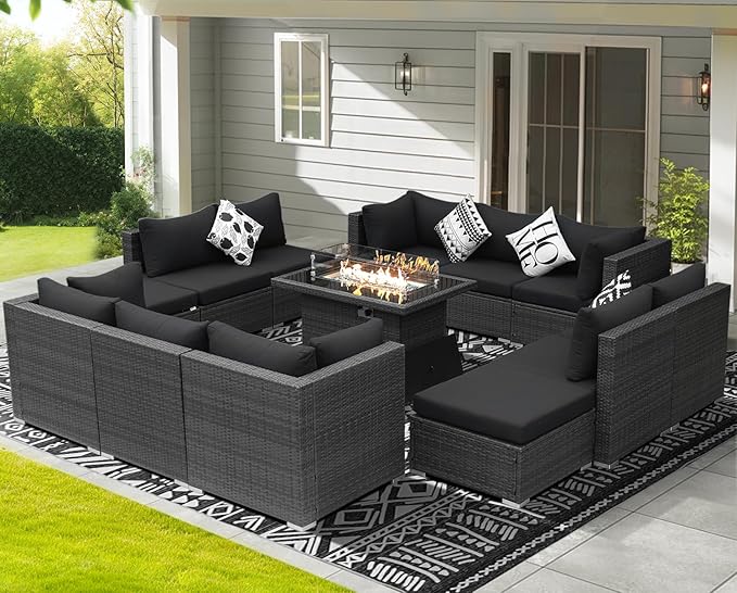 NICESOUL 13 Piece Patio Furniture w/Fireplace, Elegant Outdoor Seating w/Firepit, XL Size 29.3'' High Back Sectional Sofa, All-Weather Rattan Deck Couch, Modular Sturdy Conversation Set, Dark Gray