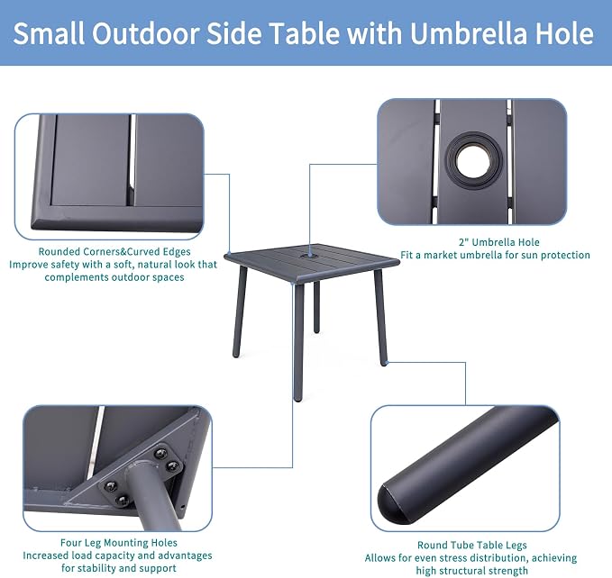 Small Metal Outdoor Side Table with Umbrella Hole Set of 2, Sqaure Patio Coffee Bistro Table End Table, Umbrella Table with Hole for Poolside Yard Porch Deck Balcony,19.7x19.7 inches, Gray