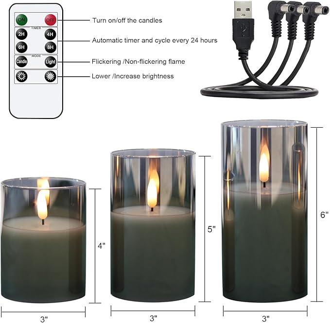 GenSwin Rechargeable LED Flameless Flickering Glass Candles with Remote Timer, Battery Operated Pillar Candles Long Lasting Grey Real Wax USB (D 3”×H 4”5”6”)